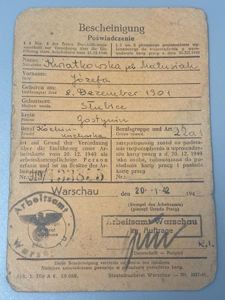 WW2 Female Polish Workers Card January 1942 Nazi Occupation