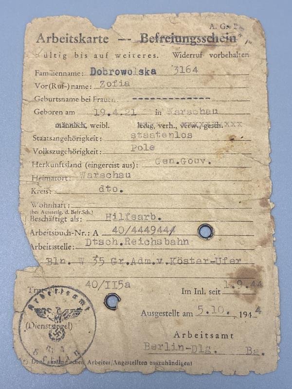 WW2 Polish Female Labour ID Document Dated 1944 — image 2