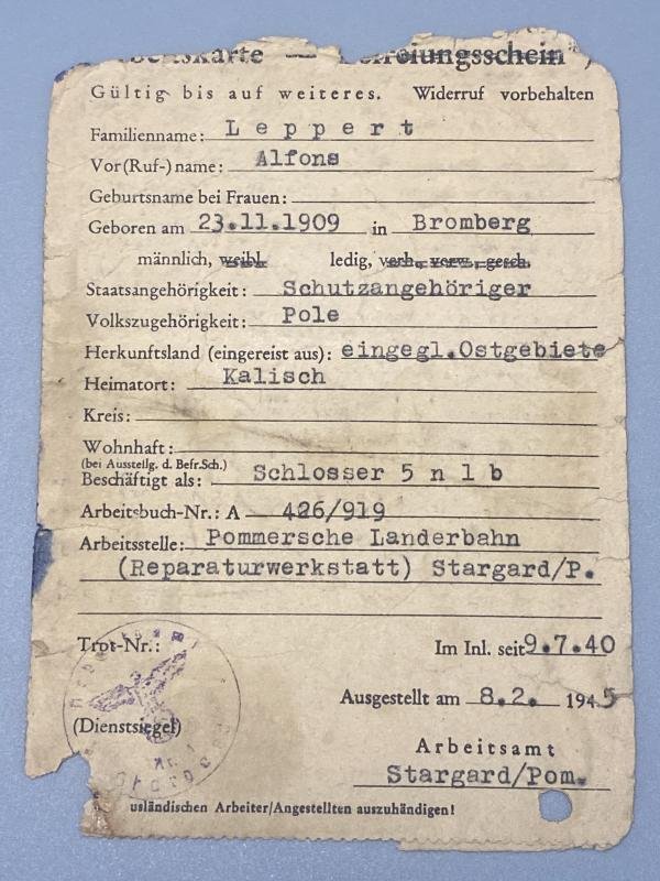 WW2 Polish Forced Labour ID Document Alfons Leppert Dated 1940 — image 3