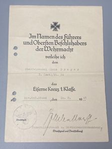 Iron Cross First Class Citation Oberfeldwebel Dreyer 3. (mot)/Pi.34