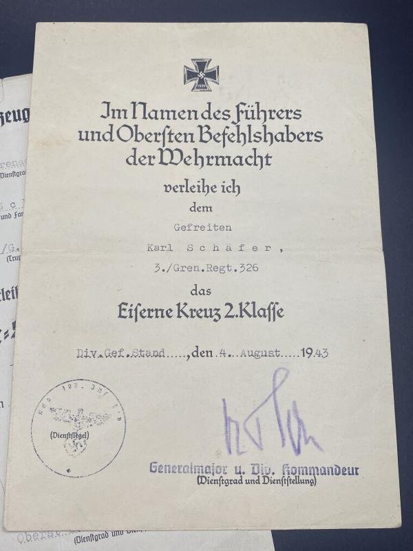 Pair of Citations Gefreiten Karl Schäfer Gren.Regt.326 EK2 & ISA — image 2