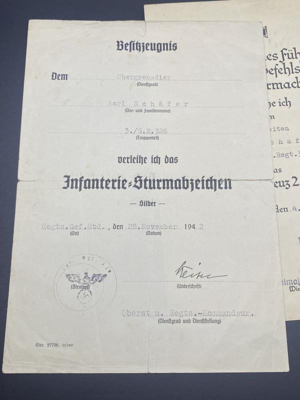 Pair of Citations Gefreiten Karl Schäfer Gren.Regt.326 EK2 & ISA — image 4