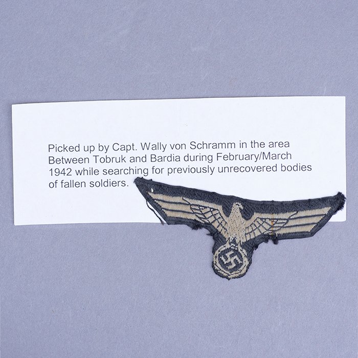 HSS262 Woven national emblem removed from a Heer black Panzer M34 overseas cap by a New Zealand Infantry officer in eastern Cyrenaica — image 3