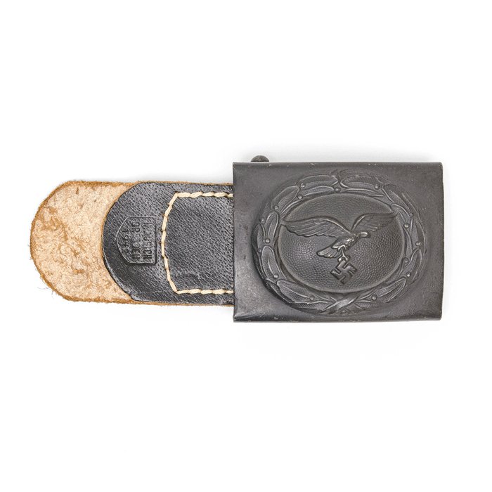 AHJ37 Blue painted Luftwaffe EM belt buckle with leather tab — image 2