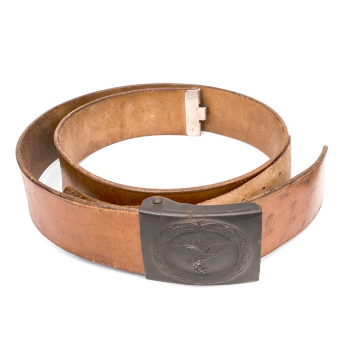 MAA12 Gunstock brown leather Luftwaffe service belt with blue Luftwaffe painted buckle and leather tab — image 3