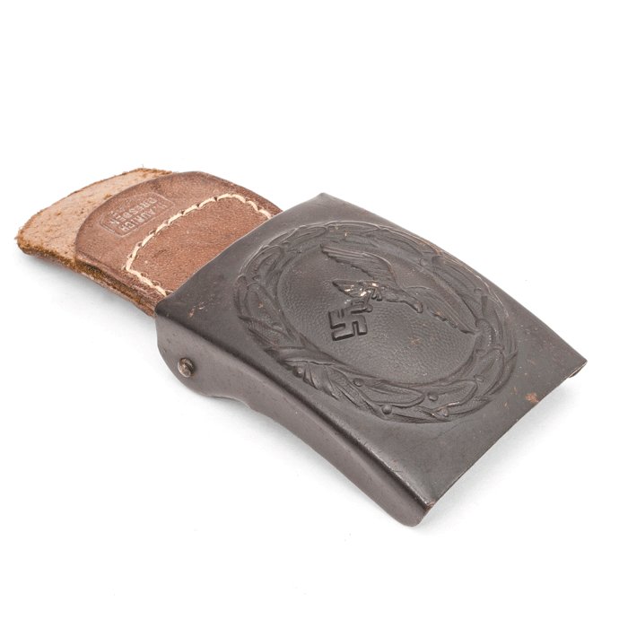 MAA12 Gunstock brown leather Luftwaffe service belt with blue Luftwaffe painted buckle and leather tab — image 5