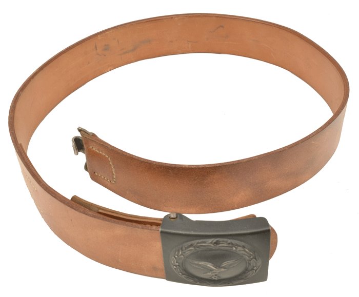 AMS028 Almost mint unissued Luftwaffe gunstock brown EM belt with blue painted buckle and leather tab — image 3
