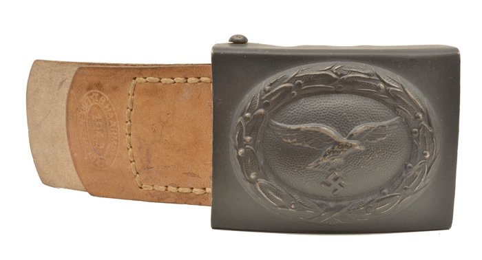 AMS028 Almost mint unissued Luftwaffe gunstock brown EM belt with blue painted buckle and leather tab — image 5