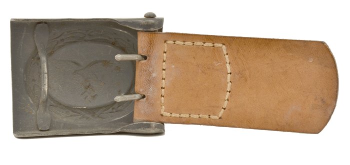 AMS028 Almost mint unissued Luftwaffe gunstock brown EM belt with blue painted buckle and leather tab — image 6