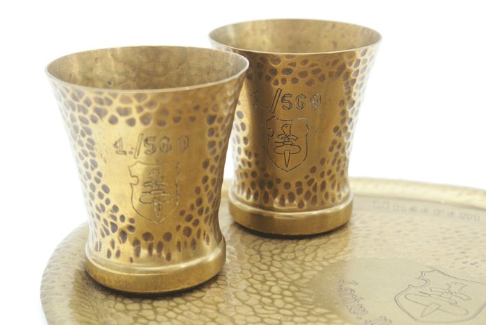 Set of hammered brass tray with four cups made for Komp. Chef 1. schw. Pz. Jg. Abt. 560 on the occasion of his 30th birthday — image 6