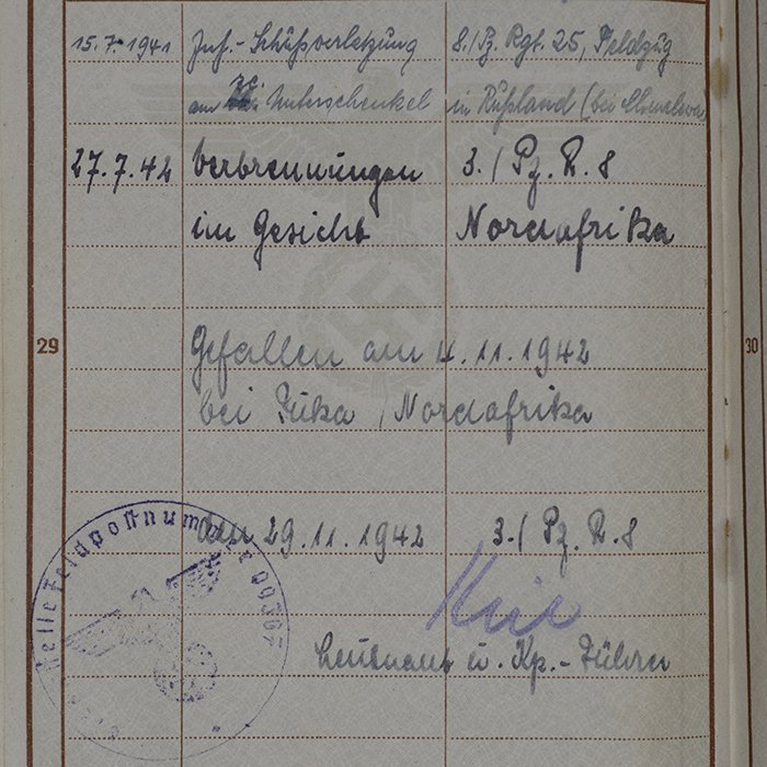 SH43 Set of Wehrpass and documents pertaining to an Unteroffizier of Heer 3./Panzer-Regiment 8 who was killed at Fuka during the El Alamein battle — image 18
