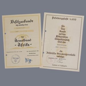 SH49 Afrika sleeve band and Italian Afrika medal award documents …