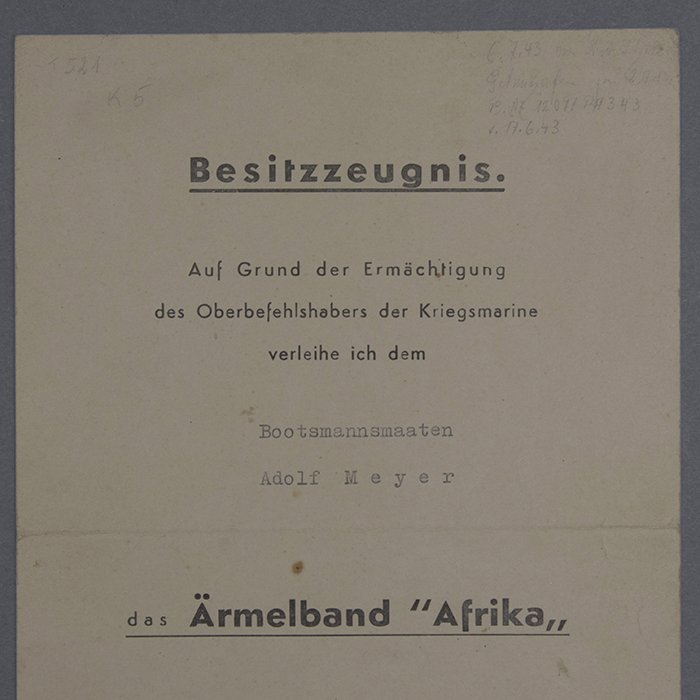 SH52 Award document to a Kreigsmarine Bootsmannsmaaten for the Afrika campaign sleeveband — image 2
