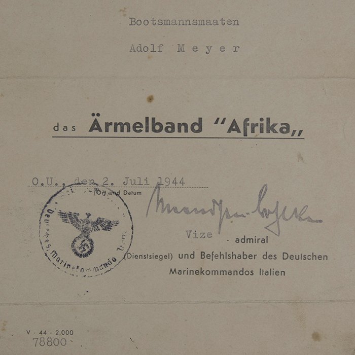 SH52 Award document to a Kreigsmarine Bootsmannsmaaten for the Afrika campaign sleeveband — image 3