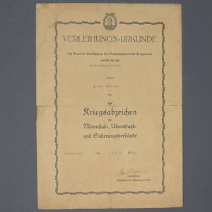 DMI36 Large format award document the Kriegsmarine Minesweeper Badge
