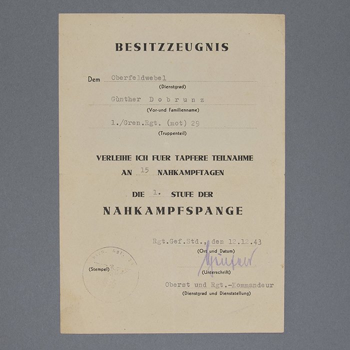 FER7 Comprehensive document grouping including DKiG, Nahkampfspange and TDB for Heer Panzergrenadier Oberleutnant who served in Poland, France, Russia (Stalingrad), Italy, France and Germany — image 27