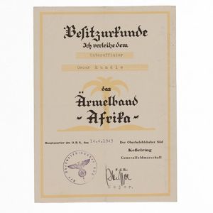 BSA72 Formal award documents for the Afrika campaign sleeveband and …