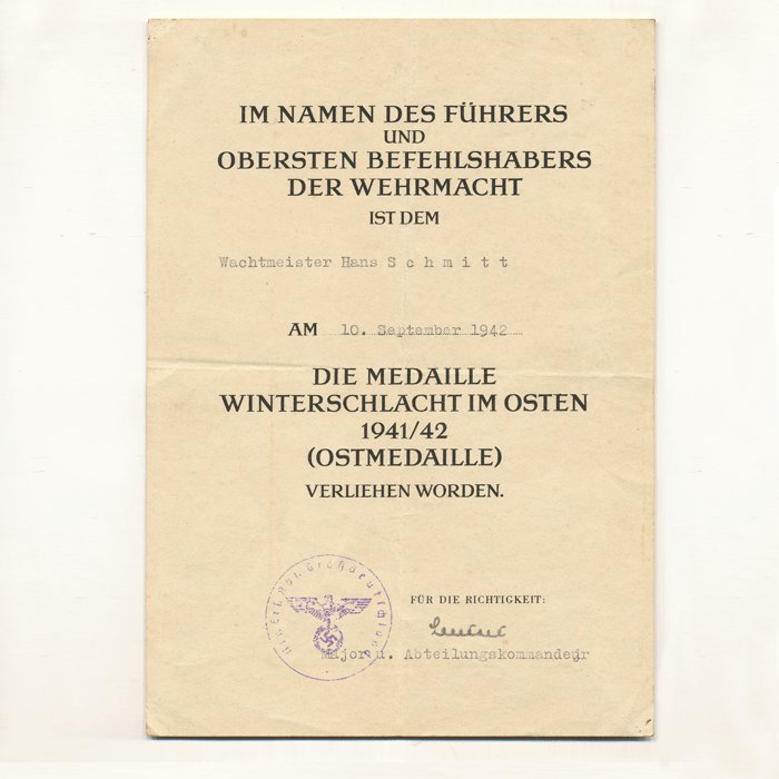 SPA66 Award document for Ostmedaille for Heer Wachtmeister — image 2