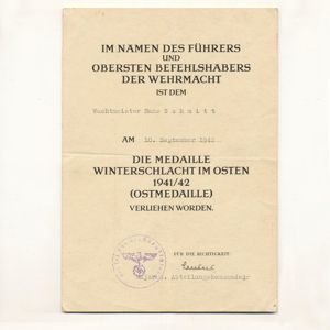 SPA66 Award document for Ostmedaille for Heer Wachtmeister