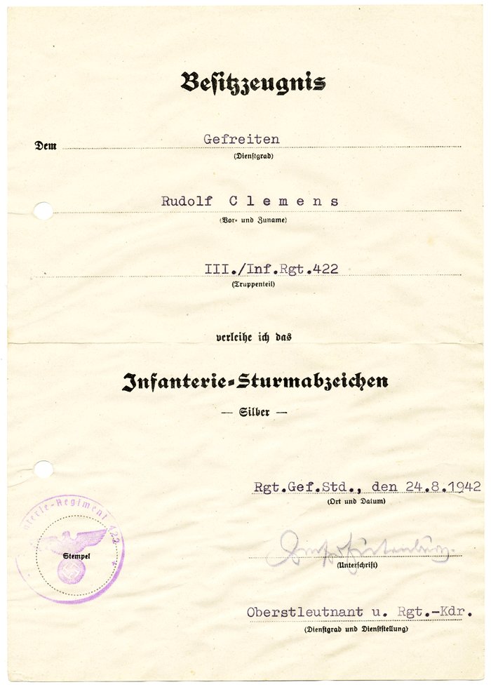 RRA4 Set of seven award documents for a Heer Unteroffizier in St.Kp. /Gren.Rgt.422, 126th Inf. Div. — image 3