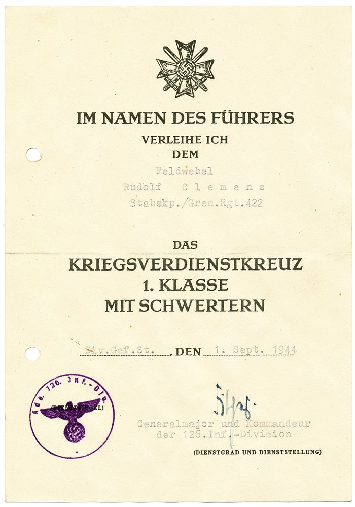 RRA4 Set of seven award documents for a Heer Unteroffizier in St.Kp. /Gren.Rgt.422, 126th Inf. Div. — image 6