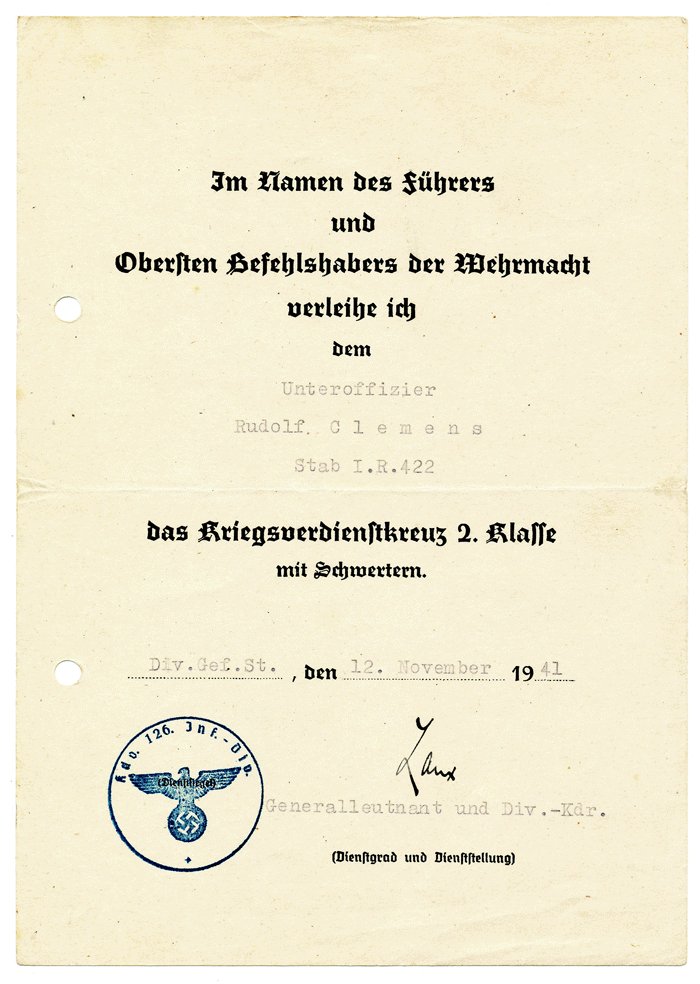 RRA4 Set of seven award documents for a Heer Unteroffizier in St.Kp. /Gren.Rgt.422, 126th Inf. Div. — image 7