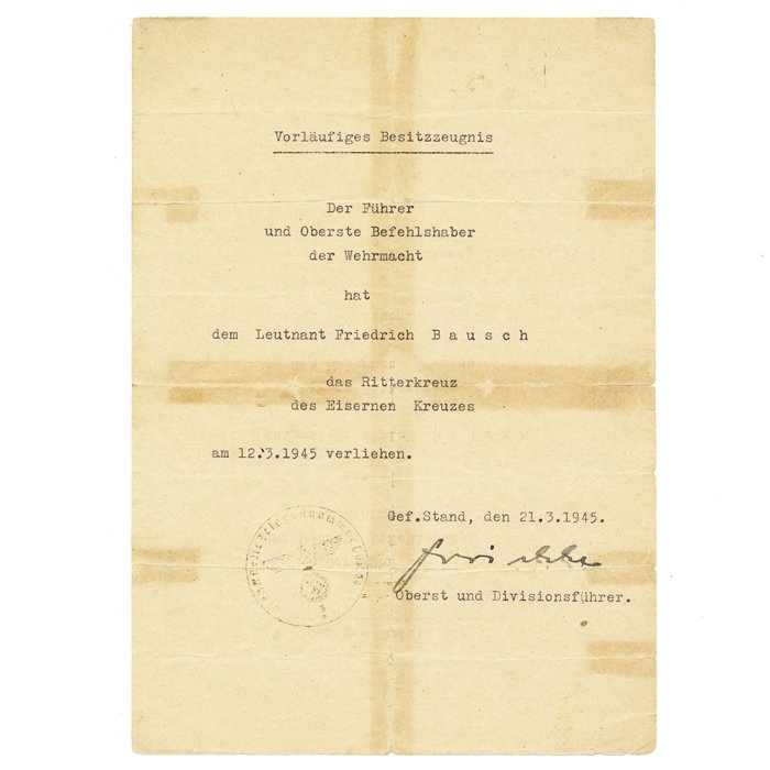 CHA4 Preliminary Ritterkreuz award document for Leutnant Friedrich Bausch, of 3./Fsch.Pi.Btl. 5 — image 4