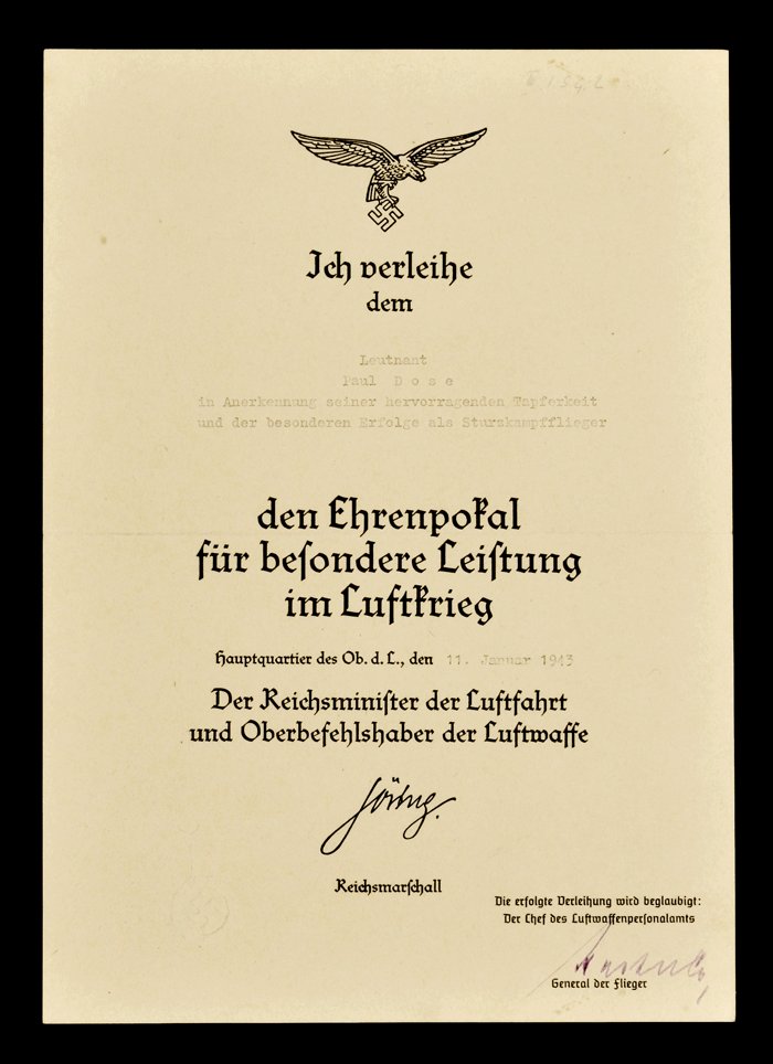 GMA3 Set of Soldbuch, documents and photos with Ehrenpokal for Luftwaffe Ritterkreuzträger Paul Dose — image 11