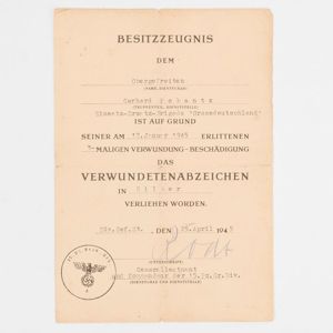 SPA69 April '45 dated award dcoument for Verwundetenabzeichen in Silver …