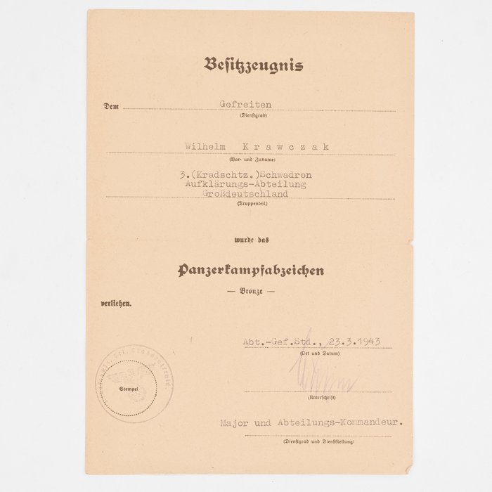 SPA40 Award document for Bronze Panzerkampfabzeichen for a Heer Gefreiter in 3. (Kradschtz.) Schwadron Aufklärungs-Abteilung Großdeutschland — image 2