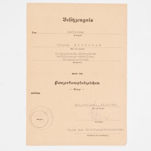SPA40 Award document for Bronze Panzerkampfabzeichen for a Heer Gefreiter …