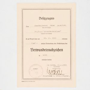 SPA63 Award document for Verwundetenabzeichen in Gold for Heer Großdeutschland …