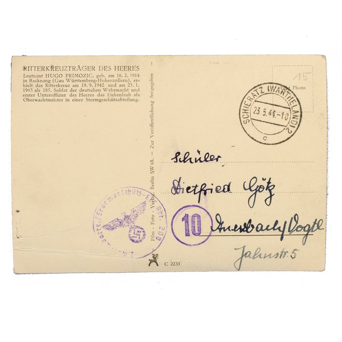 SAF37 Wartime signed postcard of Heer Ritterkreuzträger Leutnant Hugo Primozic — image 3