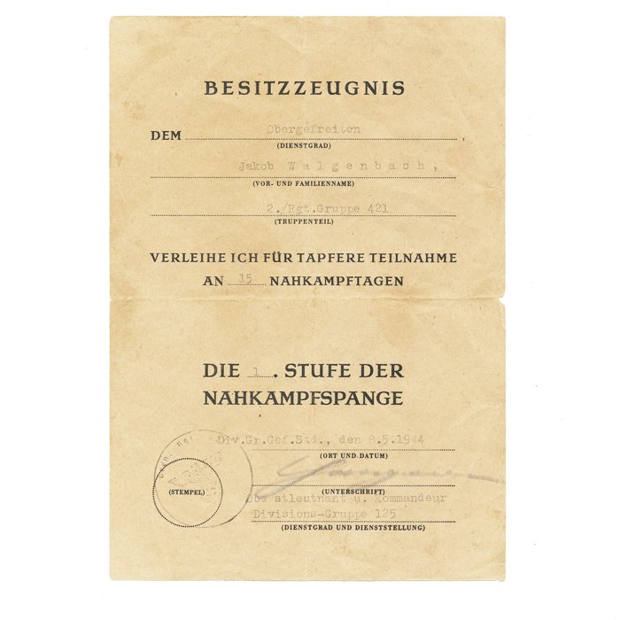 DMH13 Award document for Nahkampfspange in bronze for a Heer Obergefreiter — image 2
