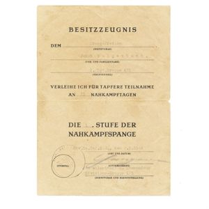 DMH13 Award document for Nahkampfspange in bronze for a Heer …