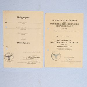 DAM1 Award documents for Sturmabzeichen and Ostmedaille for an NCO …