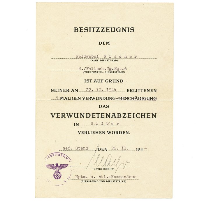 DAM4 Set of four award documents, Fallschirmschützenschein, EKII, EKI and Silver wound badge for an NCO member of Fallsch.Jg.Rgt. 6 — image 5