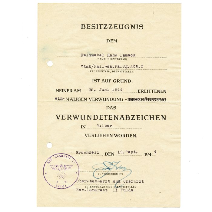 DAM5 Group of four award documents, Fallschirmschützenschein, KVK2, Silver Wound Badge, EKII and other papers for a member of Fallsch.Pz.Jg.Abt. 3 — image 6