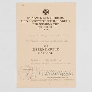 SPA73 EKI award document for Heer Leutnant in III./Pz.Füsilier-Regt. Großdeutschland