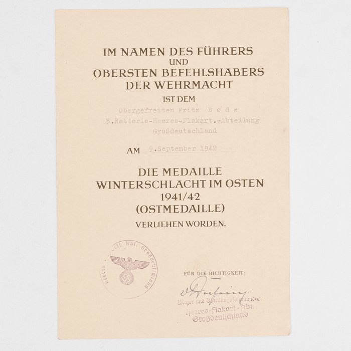 SPA74 Ostmedaille award document for a Heer Obergefreiter in a Großdeutschland Flak unit — image 2
