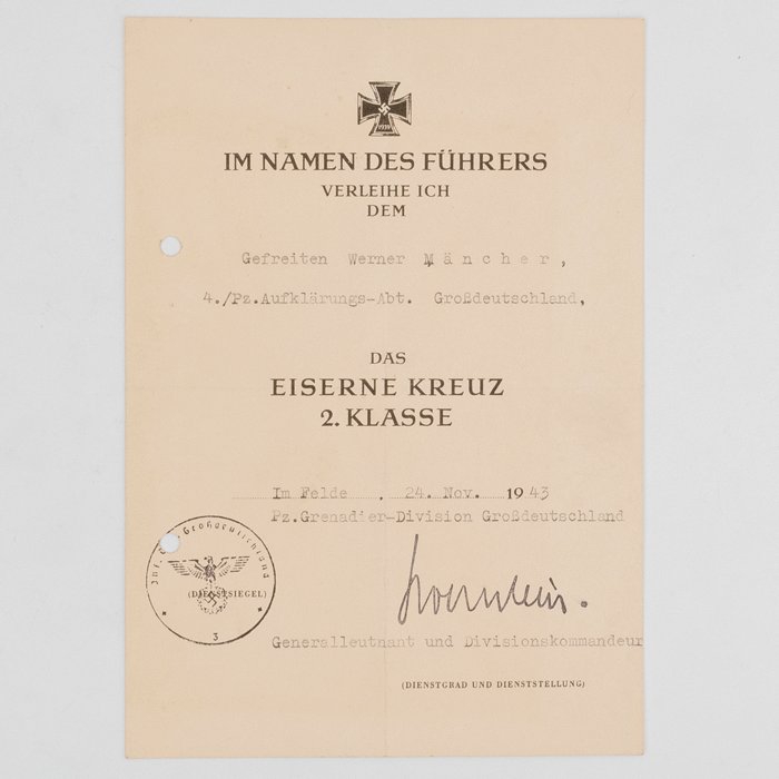 SPA68 Award document for EKII for a Heer Gefreiter in 4./Pz.Aufklärungs-Abteilung Großdeutschland — image 2