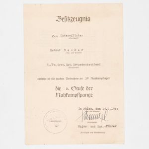 SPA70 Set of award documents for Sturmabzeichen and silver Nahkampfspange …