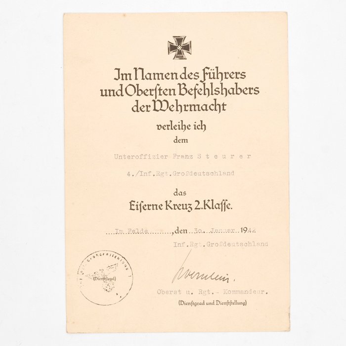 SPA62 Set of four award documents, EKII, Ostmedaille, EKI and Verwundetenabzeichen in Silver for Heer Großdeutschland Feldwebel — image 2