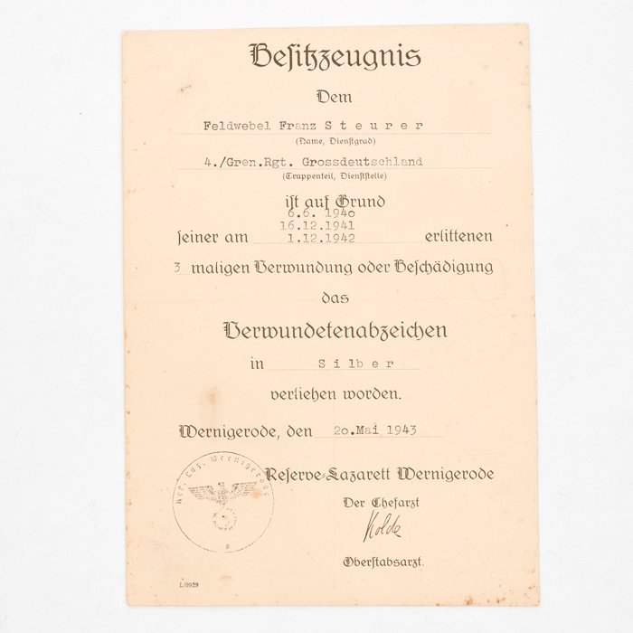 SPA62 Set of four award documents, EKII, Ostmedaille, EKI and Verwundetenabzeichen in Silver for Heer Großdeutschland Feldwebel — image 5