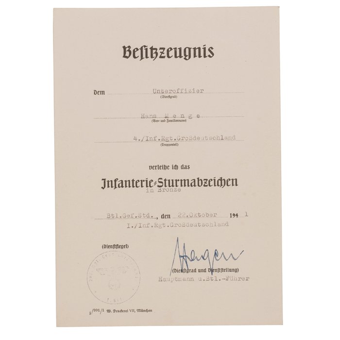 SPA67 Set of award documents for EKII and Infanterie Sturmabzeichen for Heer Großdeutschland Unteroffizier — image 4
