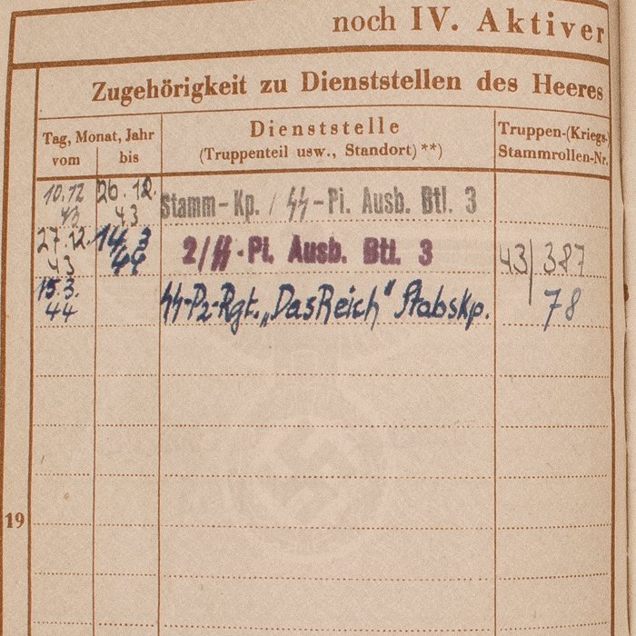 SJA58 Wehrpass with cover for a youthful member of Waffen-SS Pionier Btl. and then Das Reich Pz.Rgt. Stabskp. — image 8