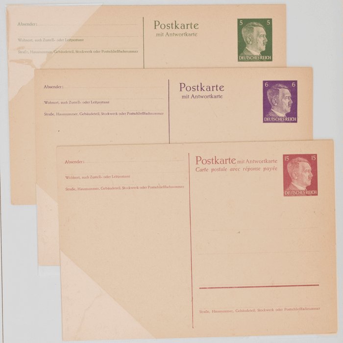 WAC17 Three mounted double postcards with Hitler head postage — image 3
