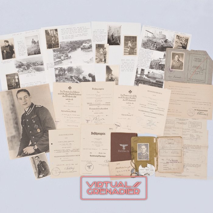 TAP3 Large set including Soldbuch, award documents, original front photos and battle damaged Erkennungsmarke for Heer Panzerjäger Oberfeldwebel — image 2