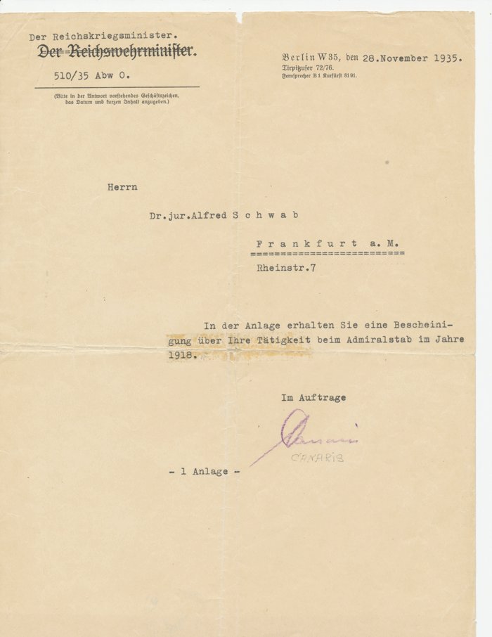 JAB1 Letter signed by Admiral Canaris in role of Reichskriegminister — image 2