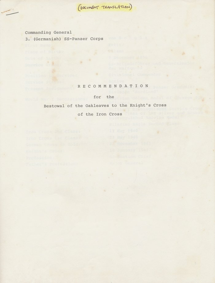 PTA1 Original Eichenlaub Vorschlag and personnel file for SS-Gruppenführer Fritz von Scholz — image 13